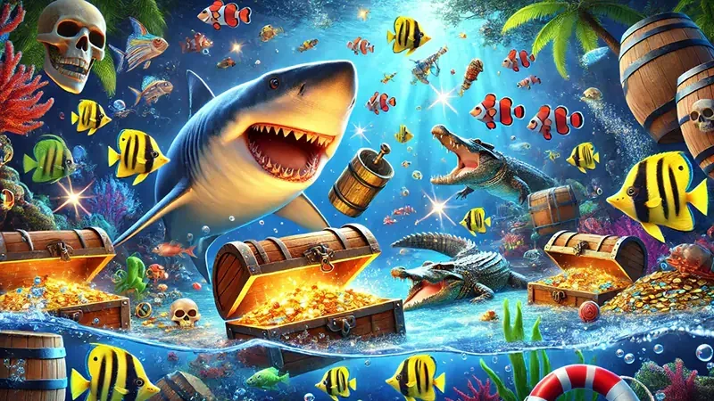 Adegan bawah laut dengan ikan dan efek cahaya permainan arcade
